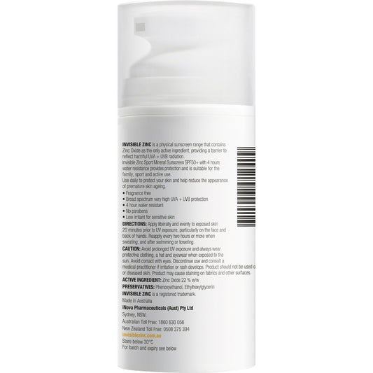 Invisible Zinc Spf 50+ Sport Mineral Sunscreen Cream 100g