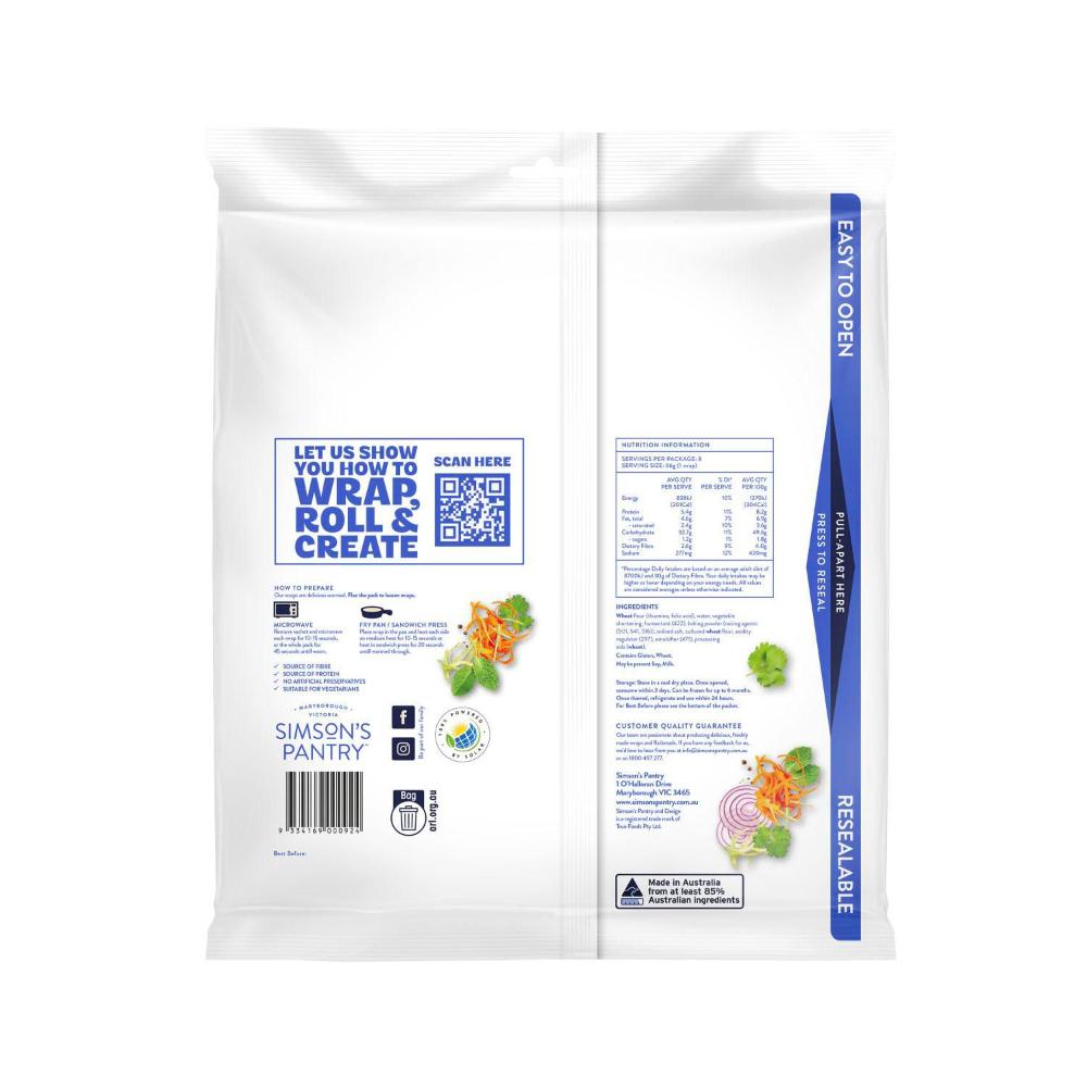 Simson's Pantry Preservative Free Premium White Large Wraps 8 Pack - 528g
