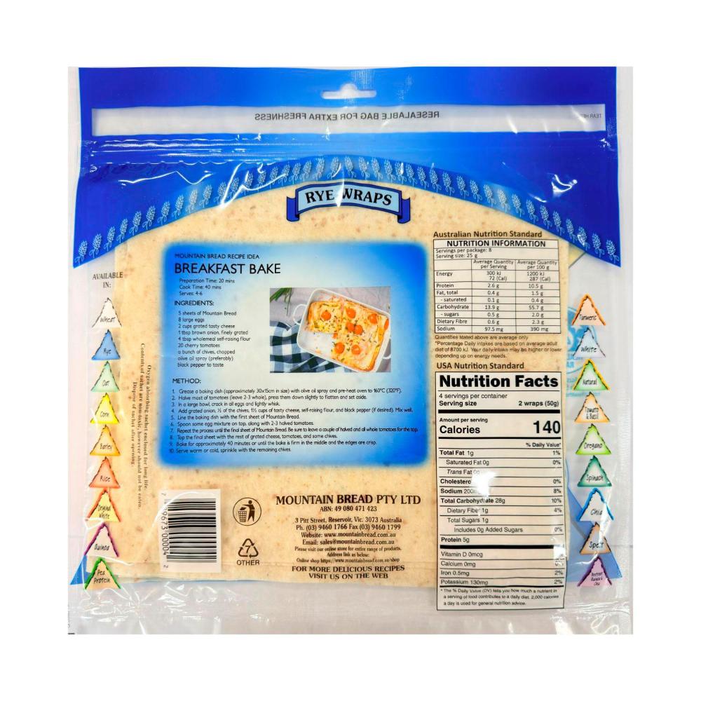 Mountain Bread Rye Wraps 8 Pack - 200g