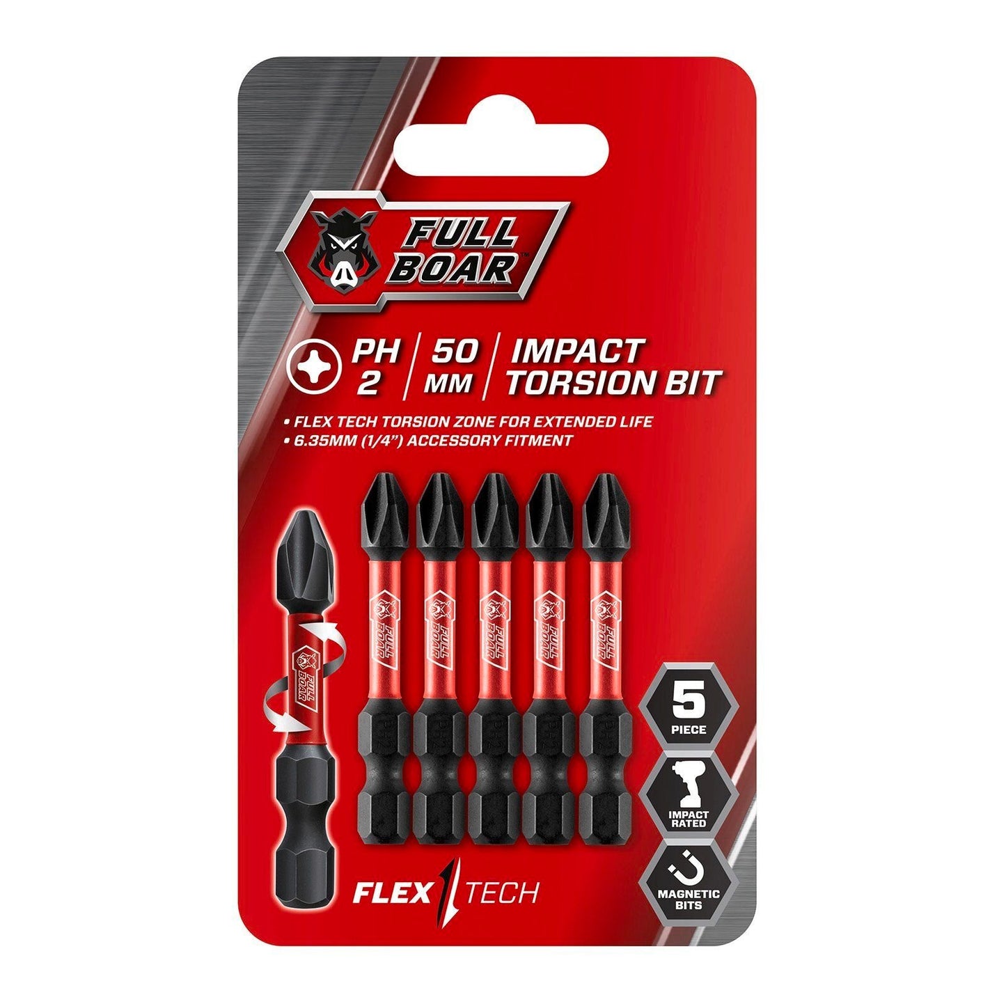 Full Boar Magnetic Impact Torsion Bit PH2 x 50mm 5 Pack