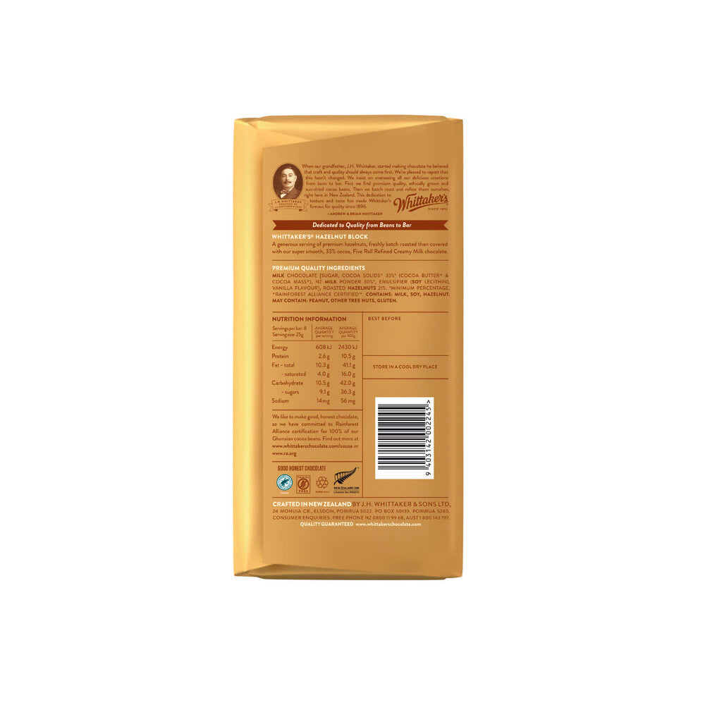Whittaker's Block Chocolate Hazelnut - 200g