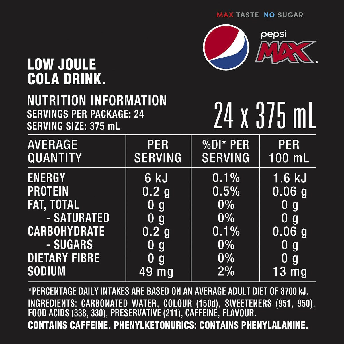 Pepsi Max No Sugar Cola Soft Drink Cans Multipack 375mL x 24 pack