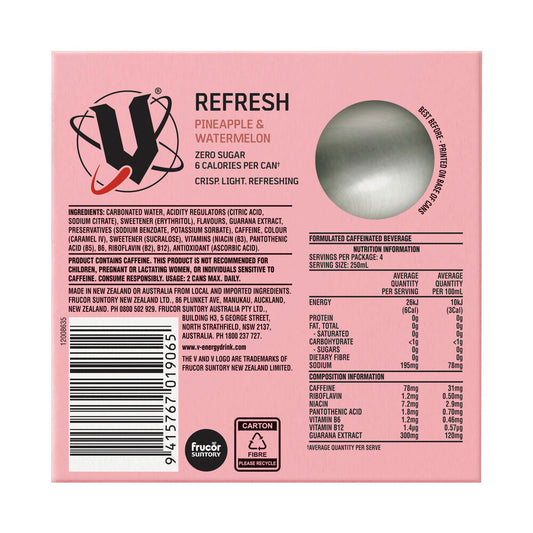 V Energy Refresh Drink Pineapple Watermelon 4x250ml - 4 pack