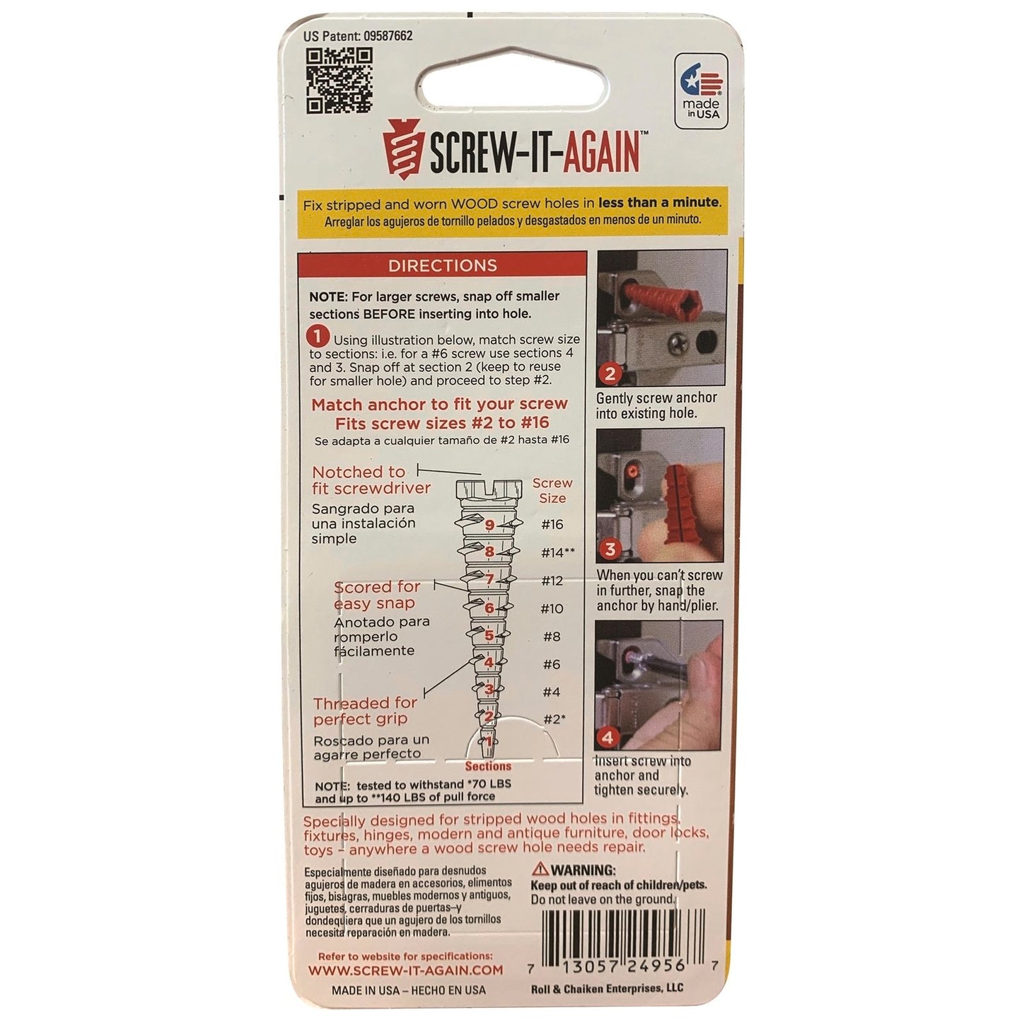 Screw It Again Screw Hole Repair Wood Anchor - 4 Pack