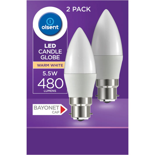 Olsent Led Candle Bc 5.5w 480lm Ww Globe 5.5 Watt 2 Pack