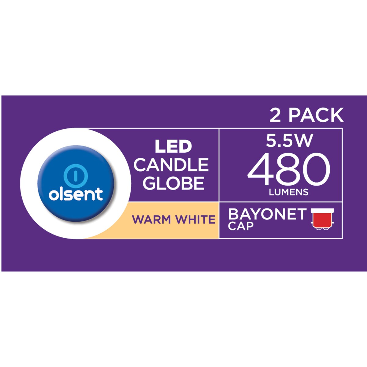 Olsent Led Candle Bc 5.5w 480lm Ww Globe 5.5 Watt 2 Pack