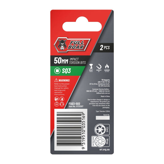 Full Boar Magnetic Impact Torsion Bits Set SQ3 x 50mm 2 Pack