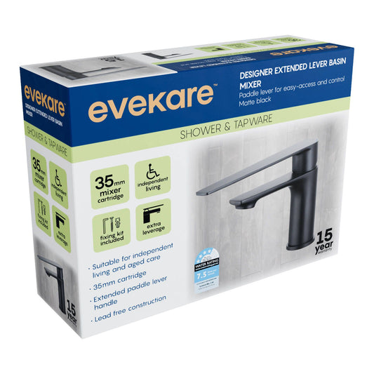 Evekare 35mm Matte Black Designer Extended Lever Basin Mixer