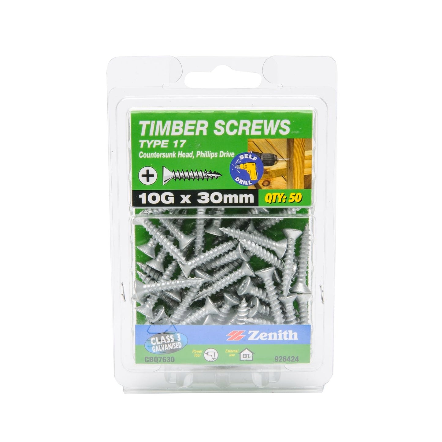 Zenith Timber Screws - 10g x 30mm - Galvanised - 50 Pack