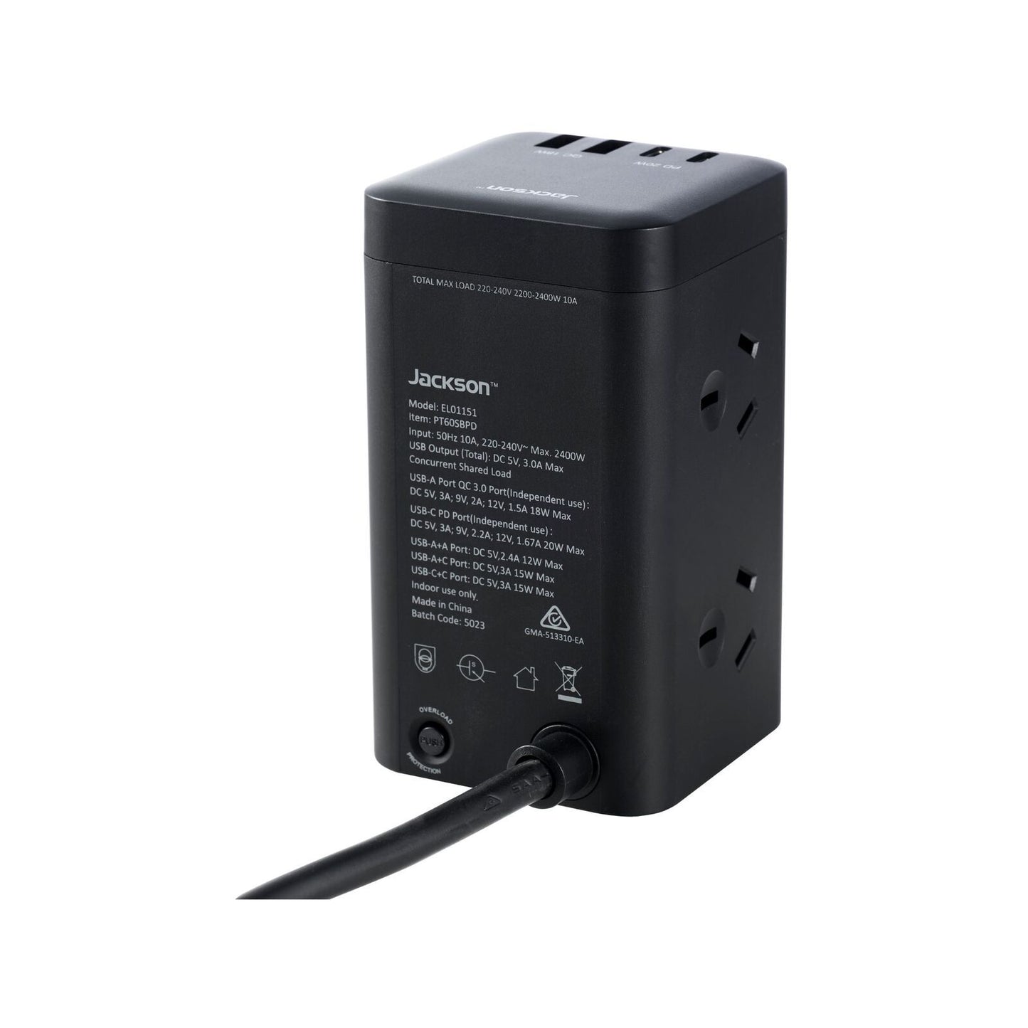Jackson Rapid Charge USB C Power Tower - 6 Outlet - 1m