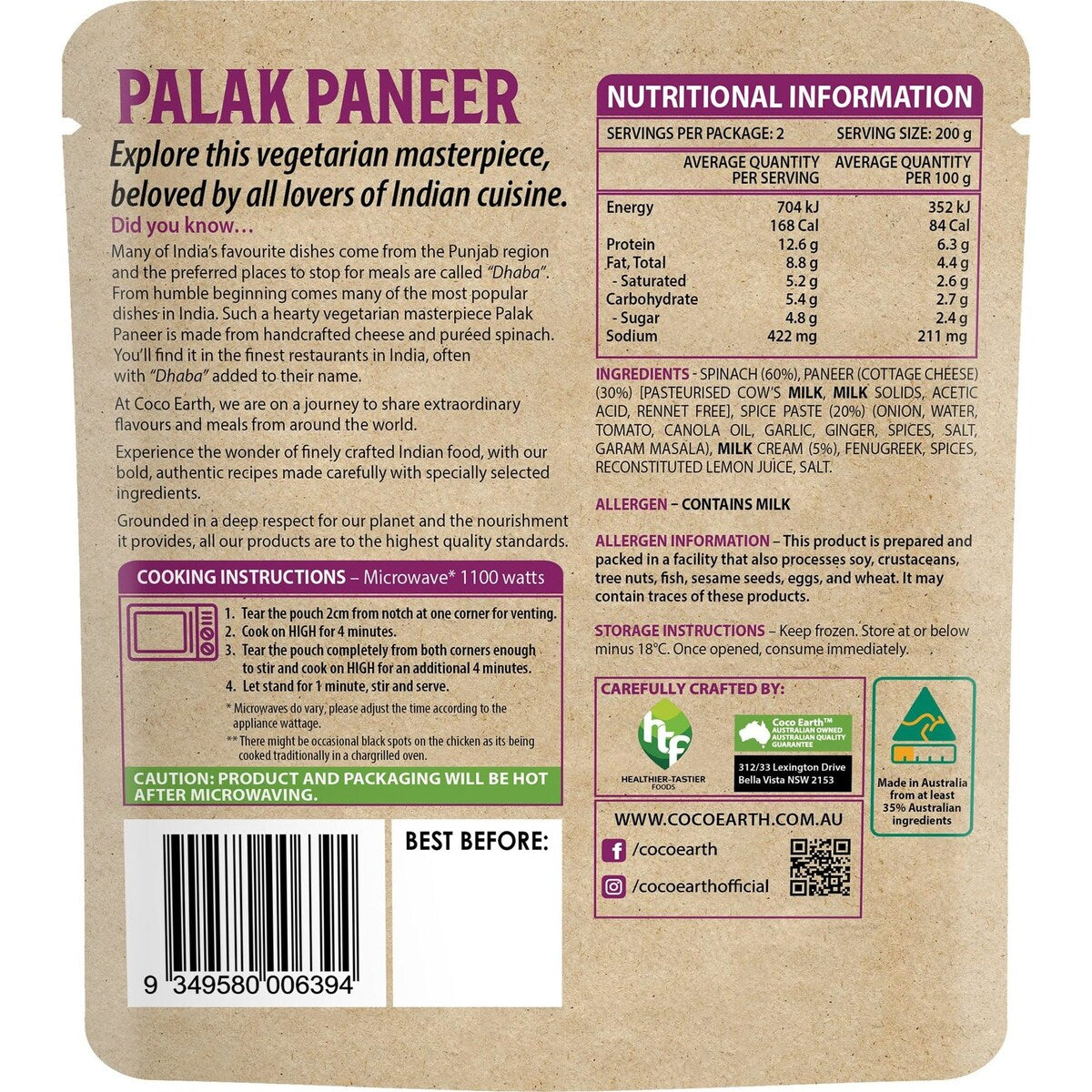 Coco Earth Palak Paneer 400g