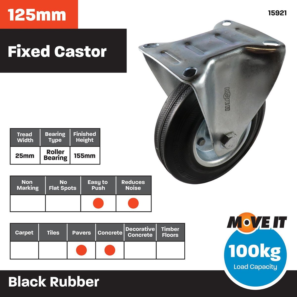 Move It 125mm Black Rubber Fixed Plate Castor 100kg Load Capacity