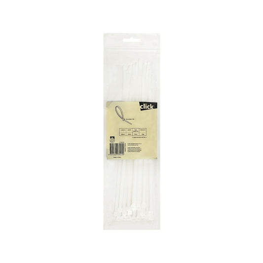 Click Releasable White Cable Ties - 250mm, 25 Pack