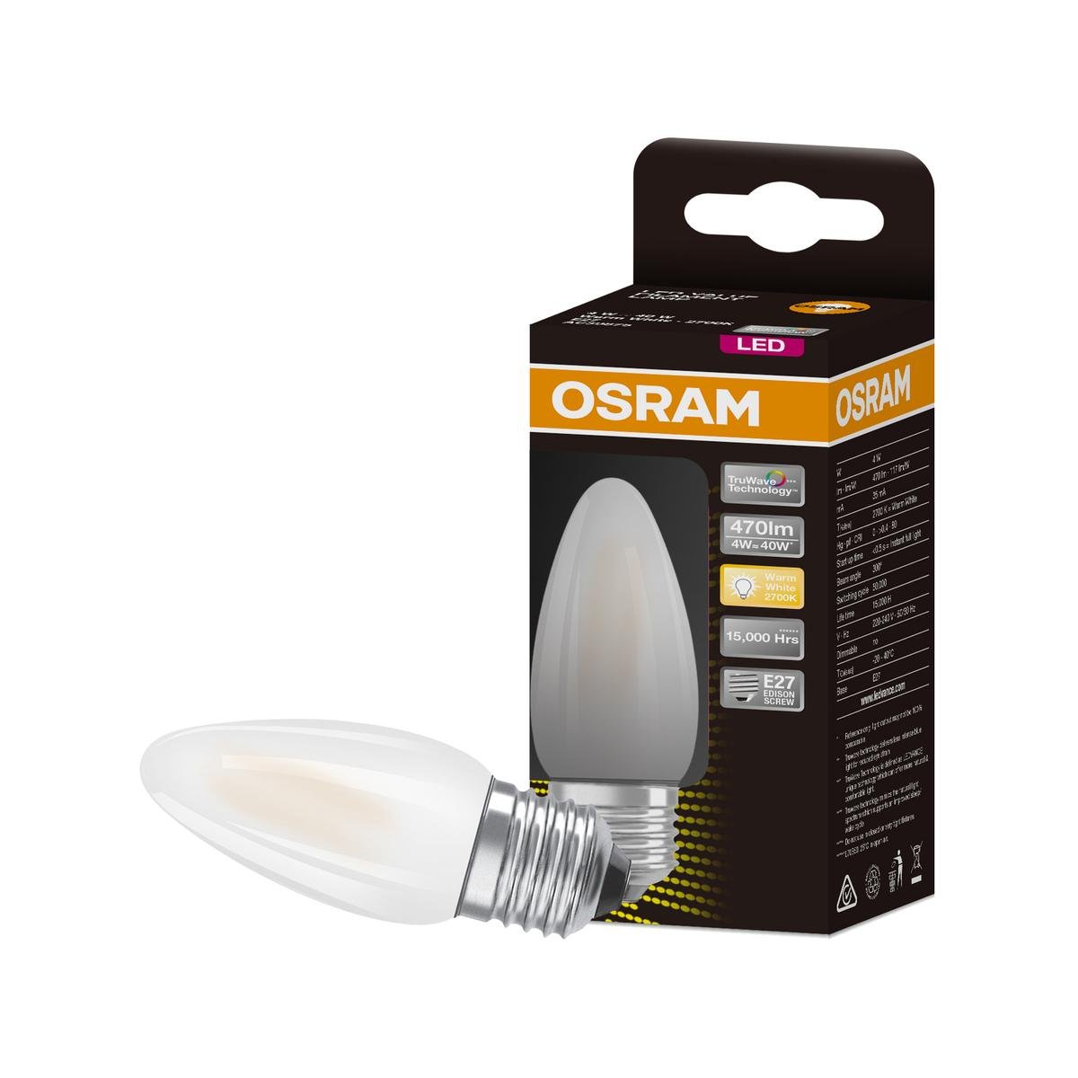 Osram 4W E27 Warm White Frosted Filament LED Candle Light Globe 51mm x 123mm