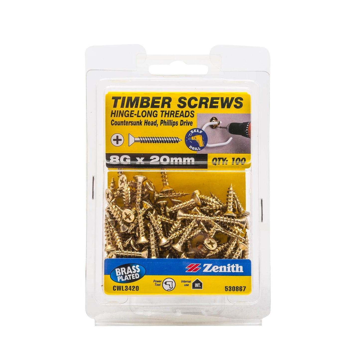 Zenith Timber Screws - 8g x 20mm - Brass - 100 Pack