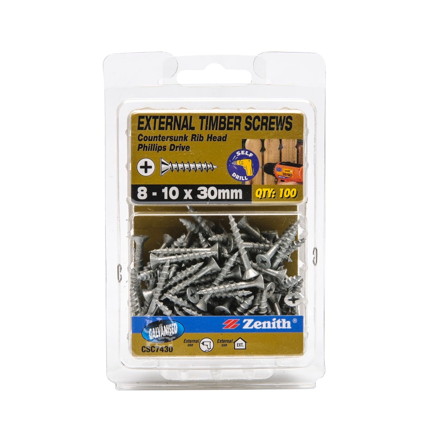 Zenith Timber Screws - 10 x 30mm - Galvanised Rib Head - 100 Pack