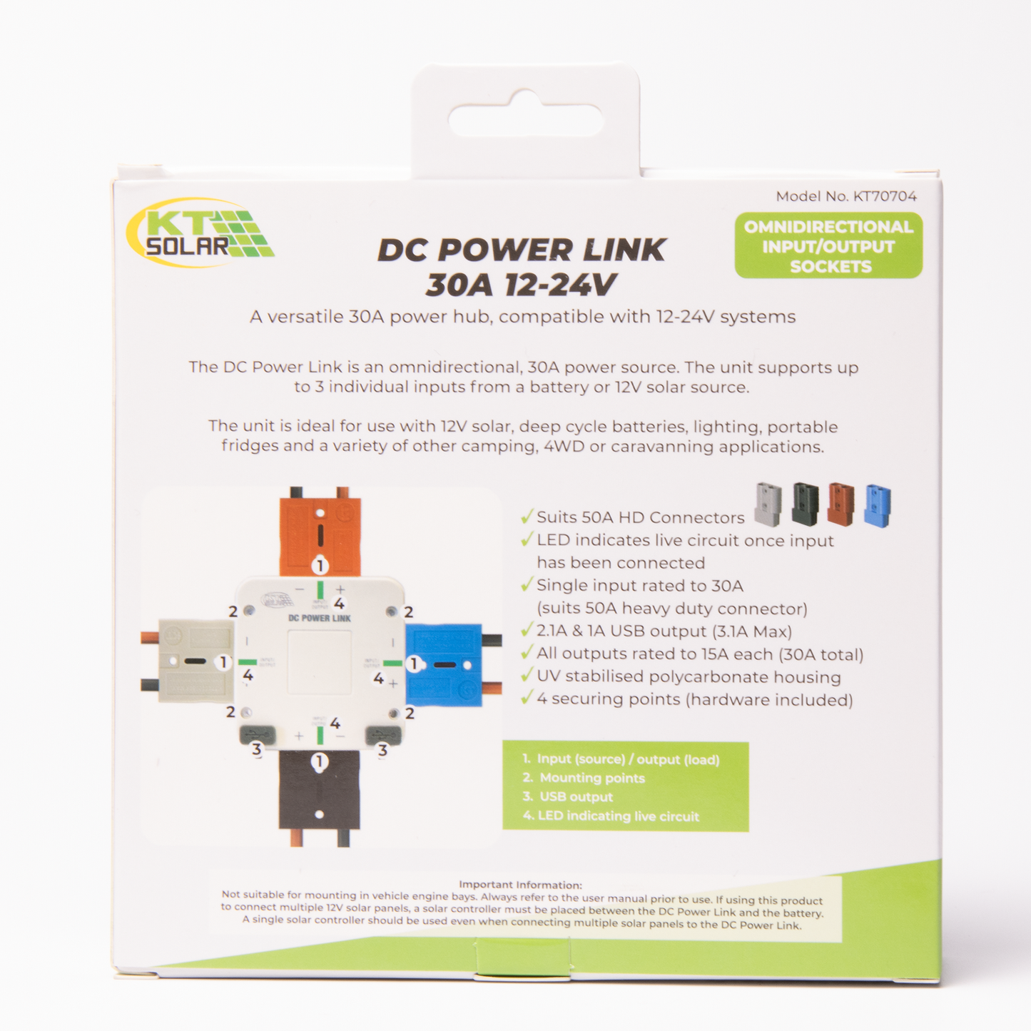 Kt Solar 30A DC Power Link 4 Way 12/24V - Black