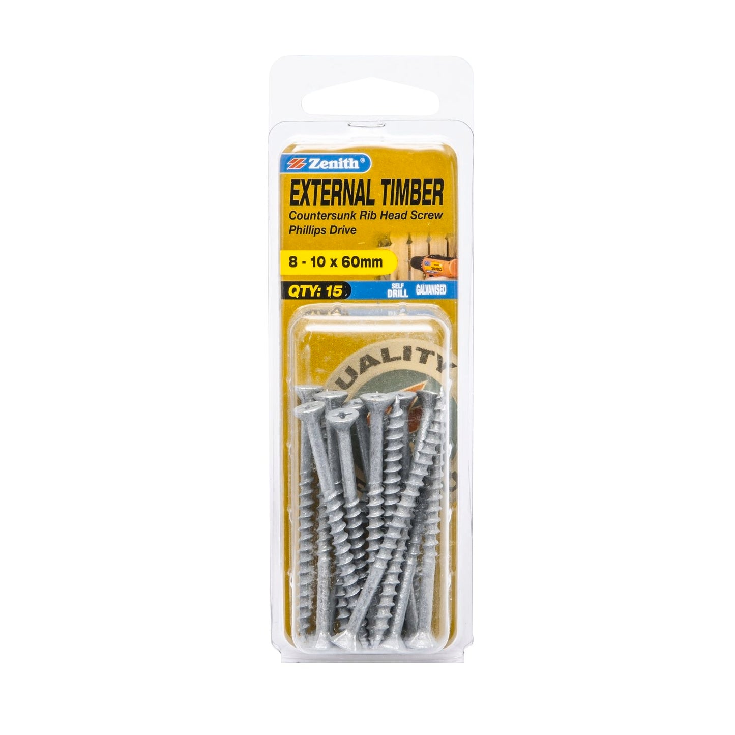 Zenith Timber Screws - 10 x 60mm - Galvanised Rib Head - 15 Pack