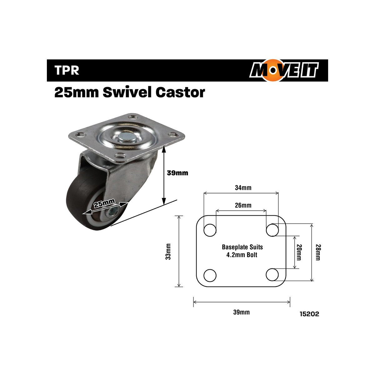 Move It Swivel Castor - 25mm - Rubber - 10kg Load Capacity - 2 Pack