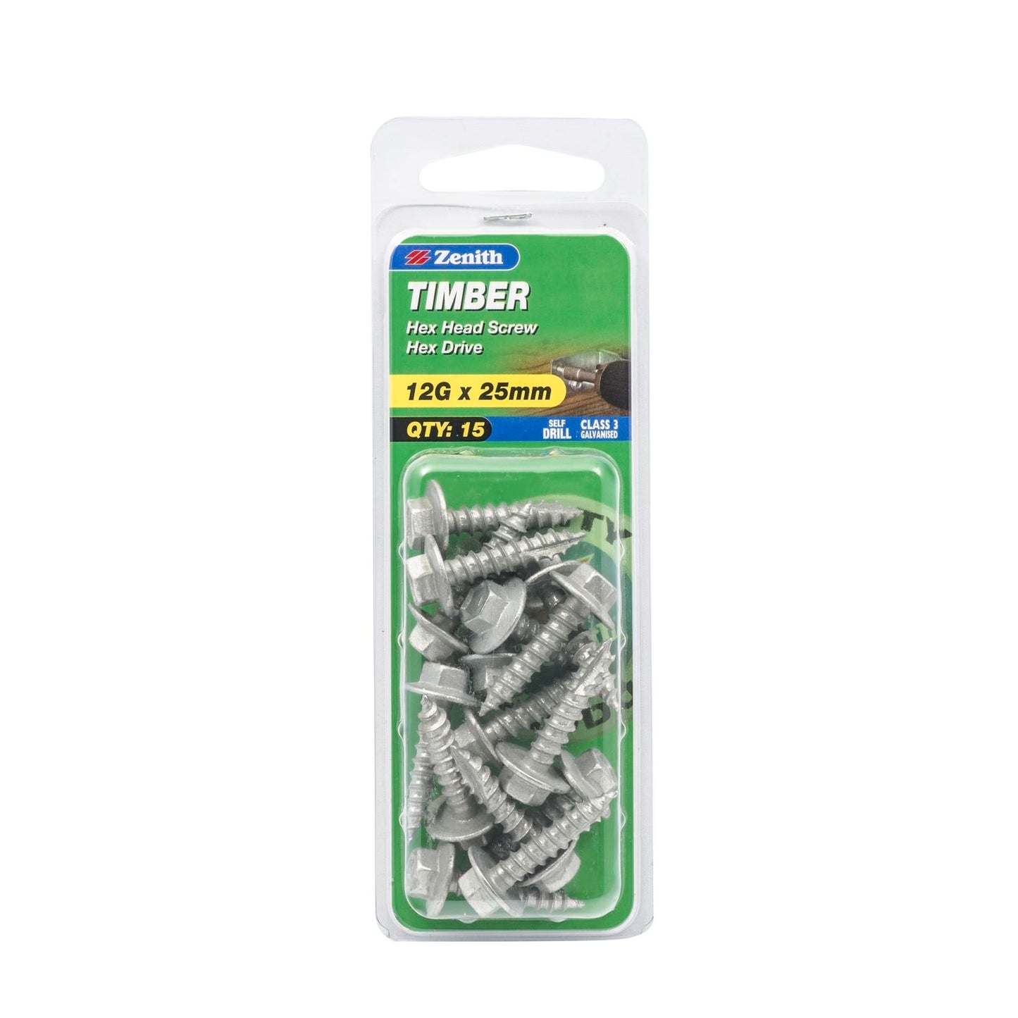 Zenith Timber Screws - 12g x 25mm - Galvanised Hex Head - 15 Pack
