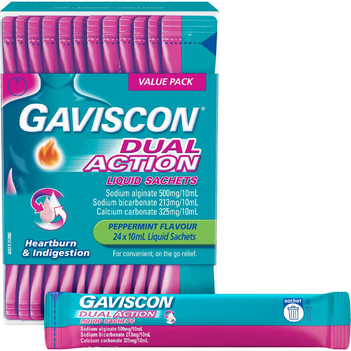 Gaviscon Dual Action Heartburn Relief Liquid Satchets Peppermint 24 Pack