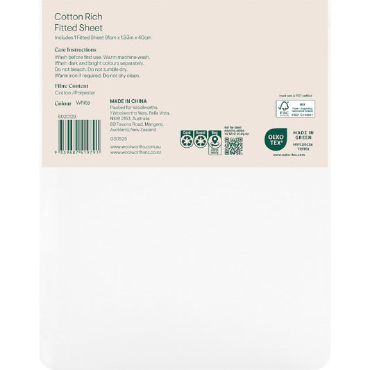Openook 250tc Cotton Rich Fitted Sheet Single Bed White Each