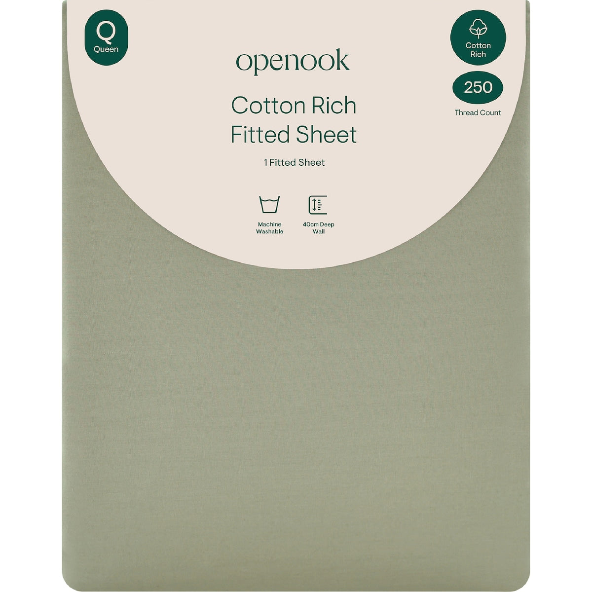 Openook 250tc Cotton Rich Fitted Sheet Queen Bed Green Each