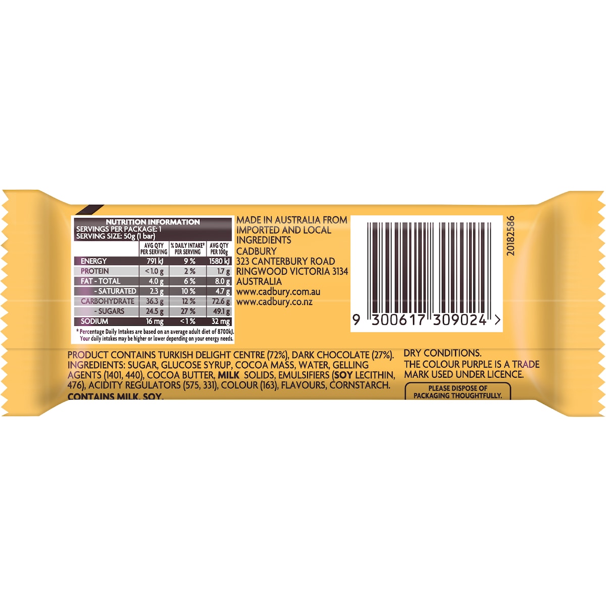 Cadbury Old Gold Turkish Delight Chocolate Bar 50g
