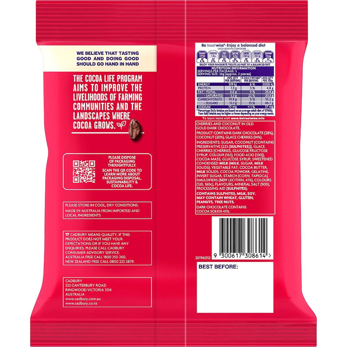 Cadbury Cherry Ripe Chunks Chocolate Snack & Share Bag 130g