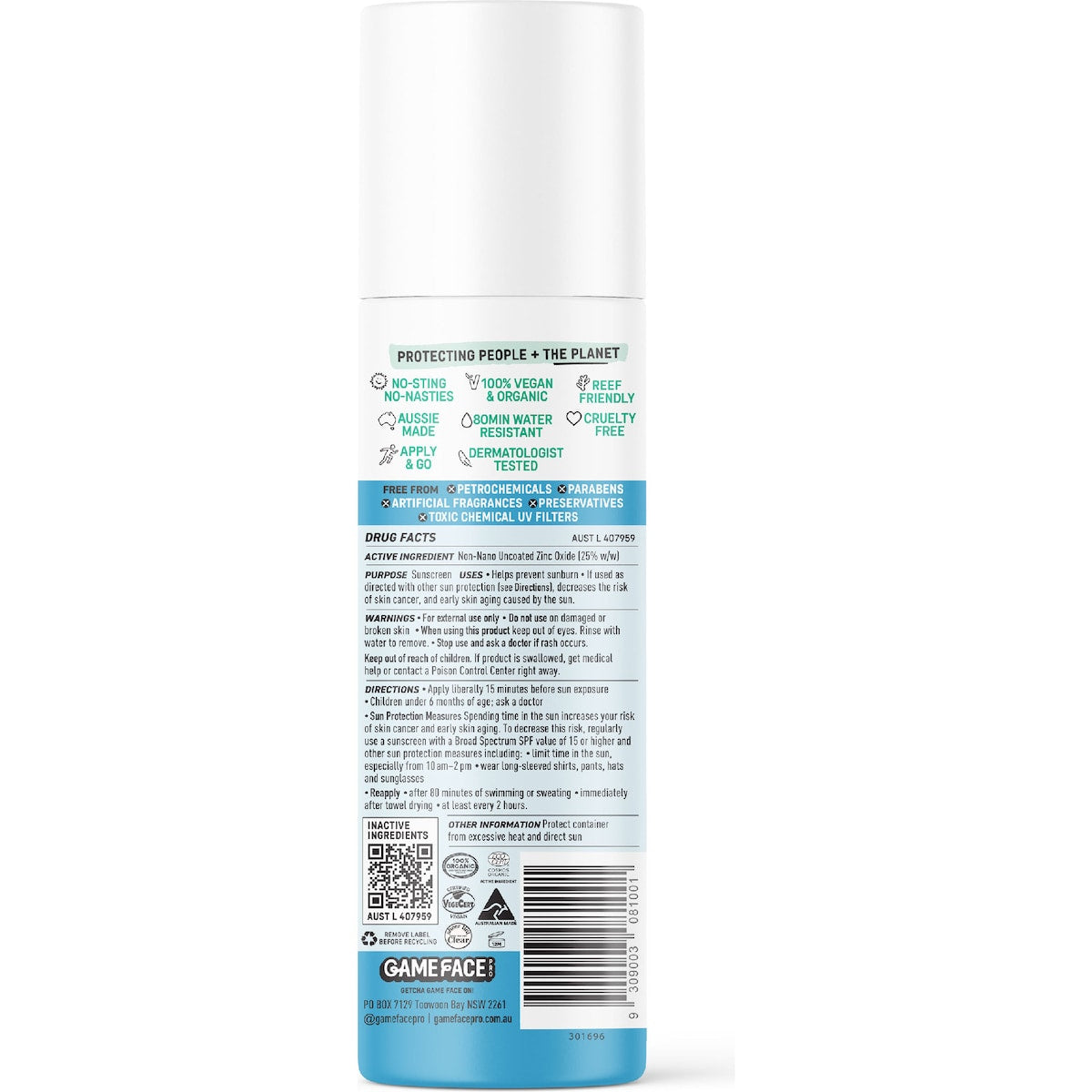 Game Face Pro Spf50 Organic Mineral Sensitive Sunscreen 100g