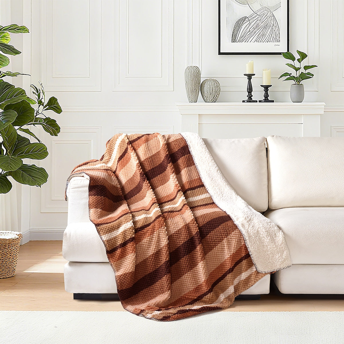 Waffle Sherpa Throw Brown Stripe Each