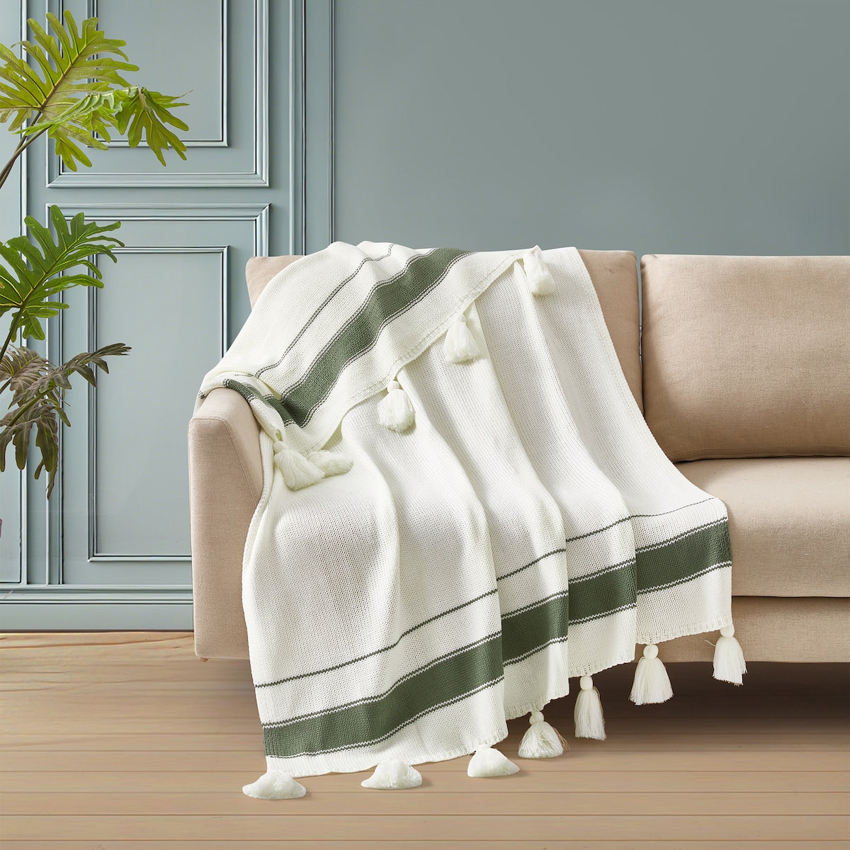 Knitted Throw Green Stripes Each
