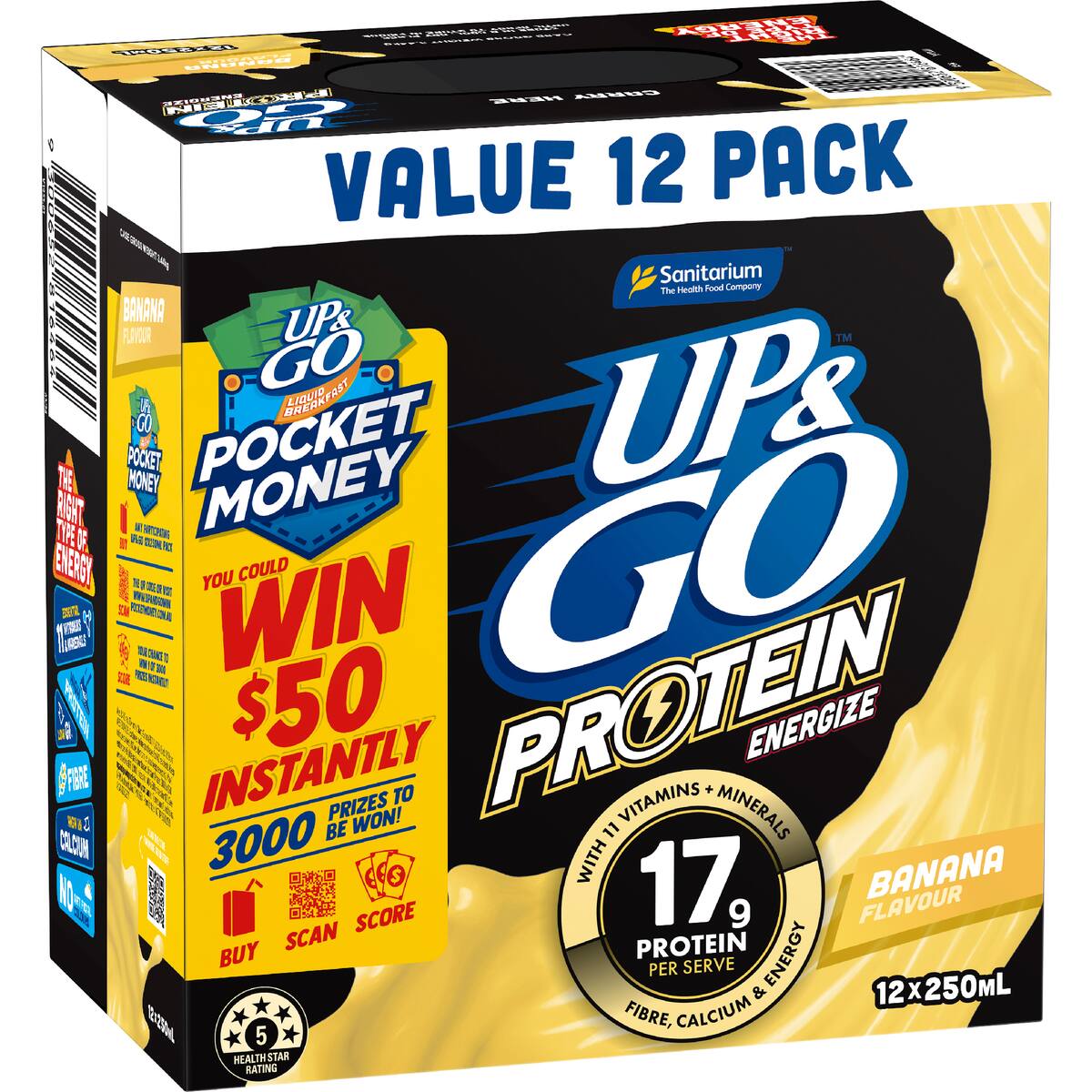 Up&go Protein Energize Liquid Breakfast Banana 250ml X 12 Pack