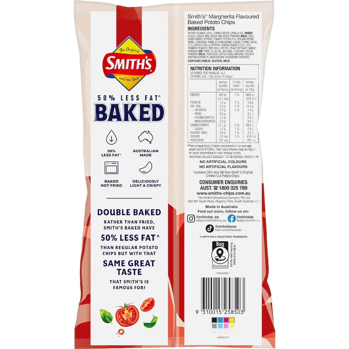 Smiths Crinkle Cut Baked Fusion Potato Chips Margherita 130g