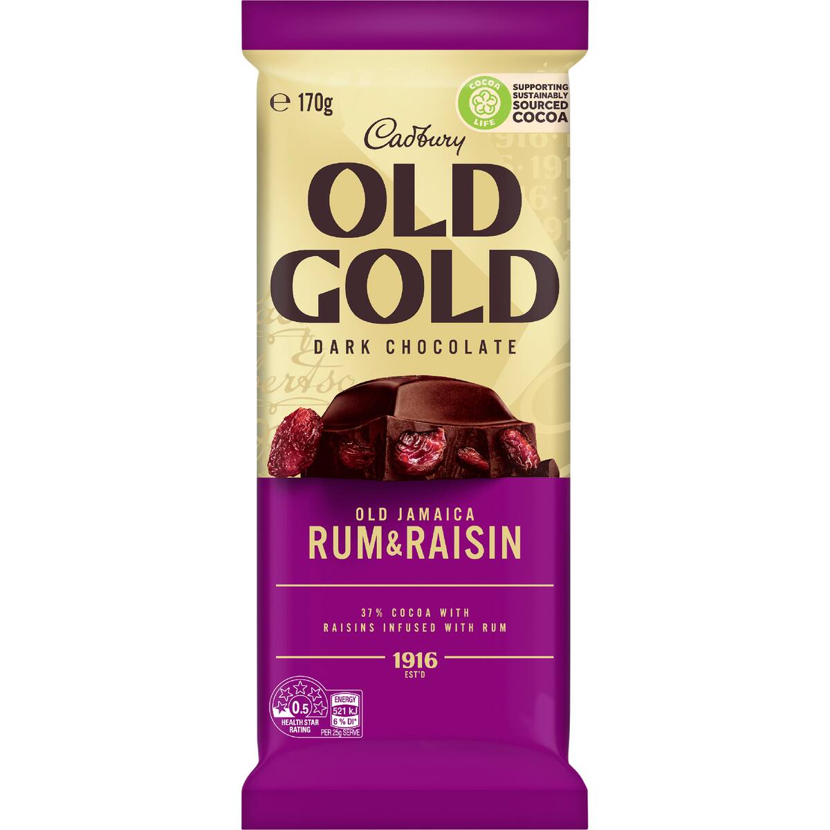 Cadbury Old Gold Jamaica Rum & Raisin Dark Chocolate Block 170g