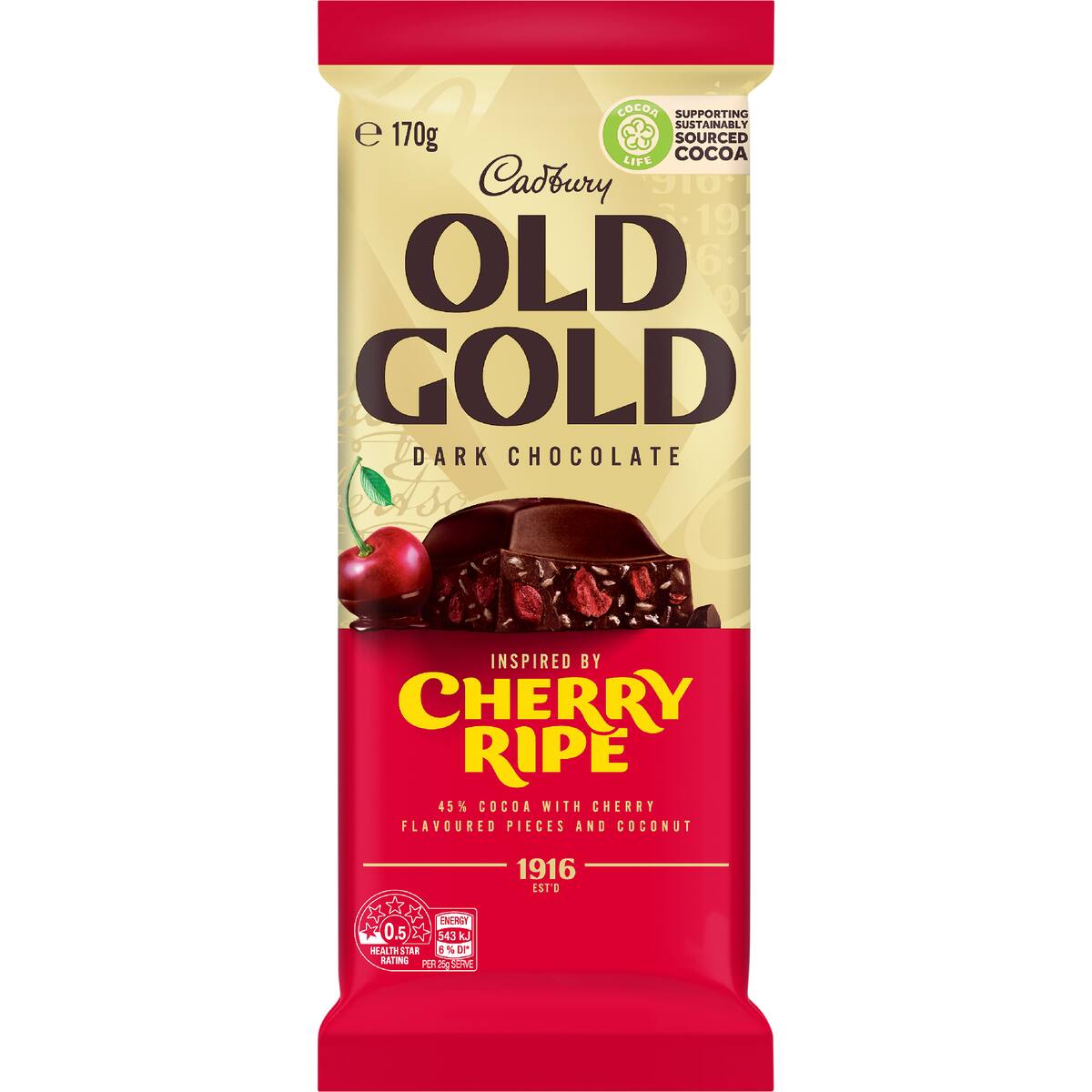Cadbury Old Gold Cherry Ripe Dark Chocolate Block 170g