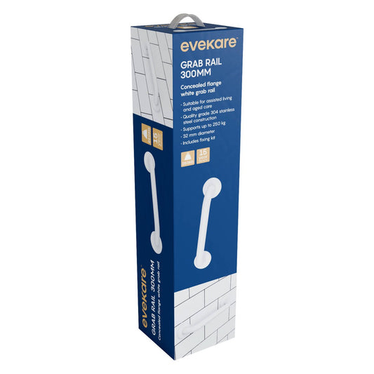 Evekare 300mm White Concealed Flange Grab Rail - 250kg Capacity - 304 Stainless Steel
