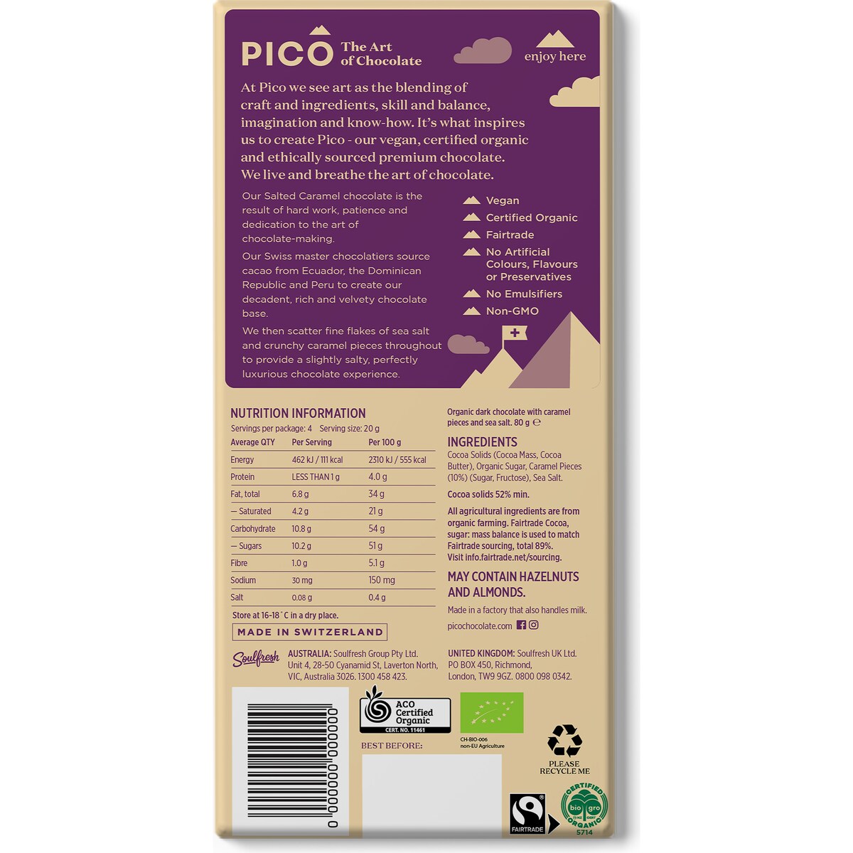 Pico Organic Vegan Chocolate Salted Caramel 80g