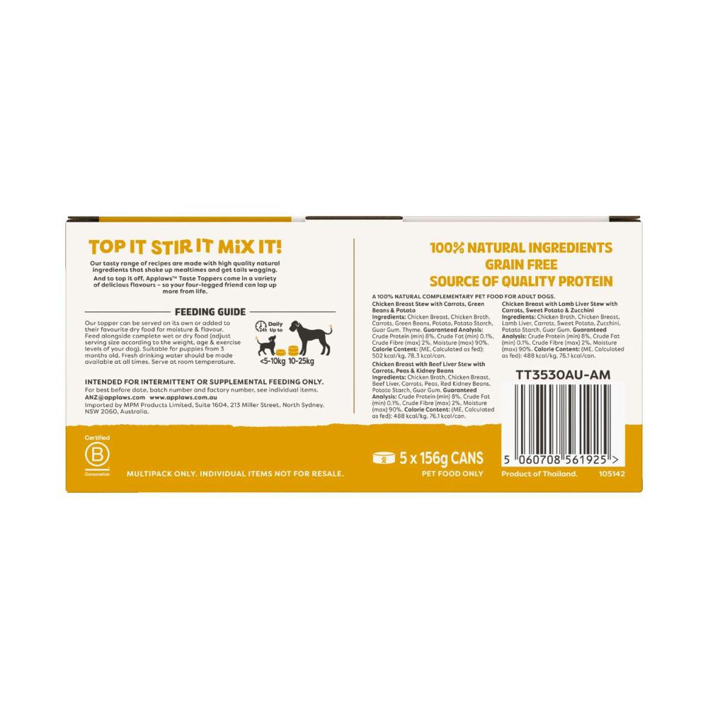 Applaws Taste Toppers Chicken Selection In Stew Dog Food Tin Multipack 5X156g - 5 pack