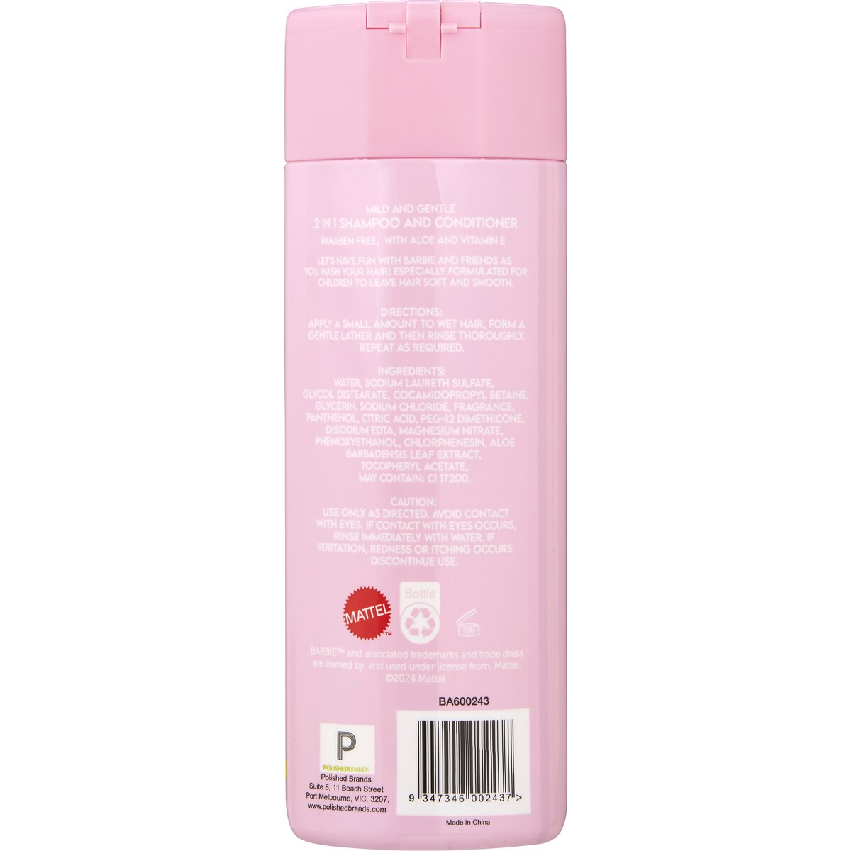 Barbie Kids 2 In 1 Shampoo & Conditioner 350mL