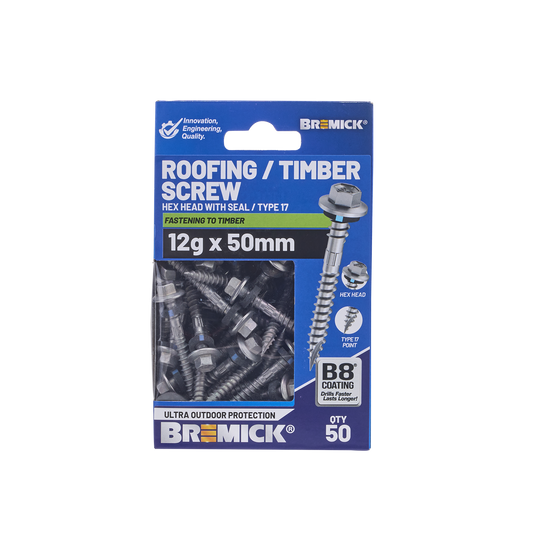 Bremick Hex Roofing Screw - 12g x 50mm - B8 - 50 Pack