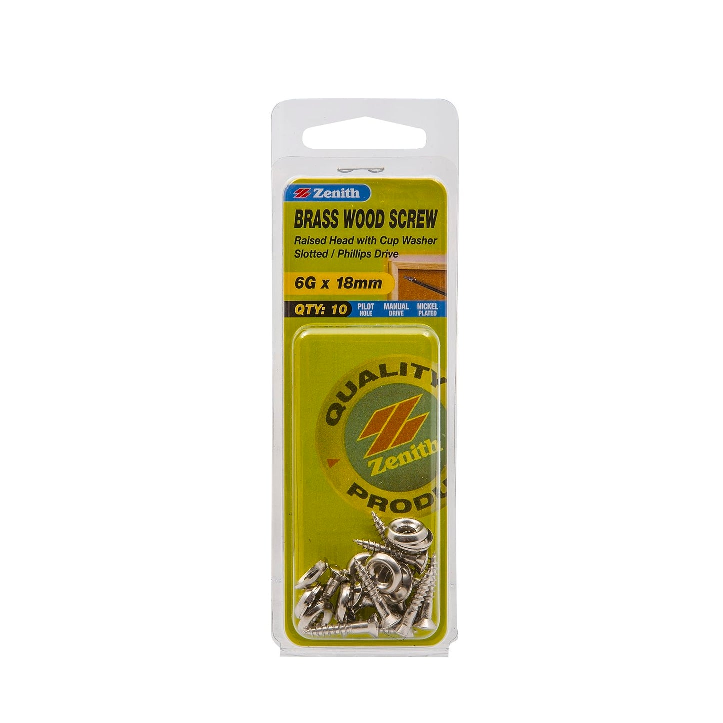 Zenith Wood Screws - 6g x 18mm - Nickel Brass Raised Head - 10 Pack