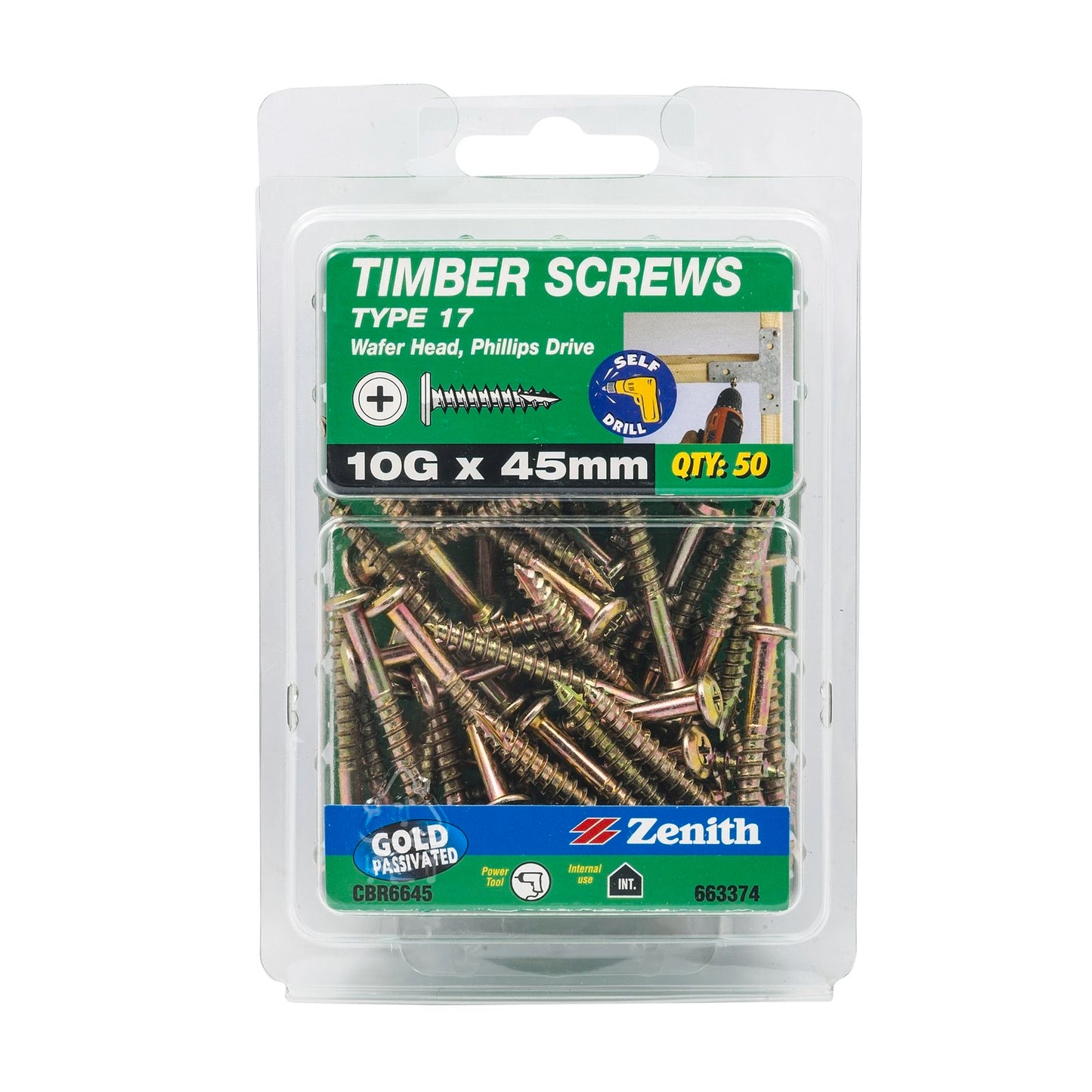 Zenith Gold Passivated Type 17 Wafer Head Timber Screws - 10g x 45mm - 50 Pack