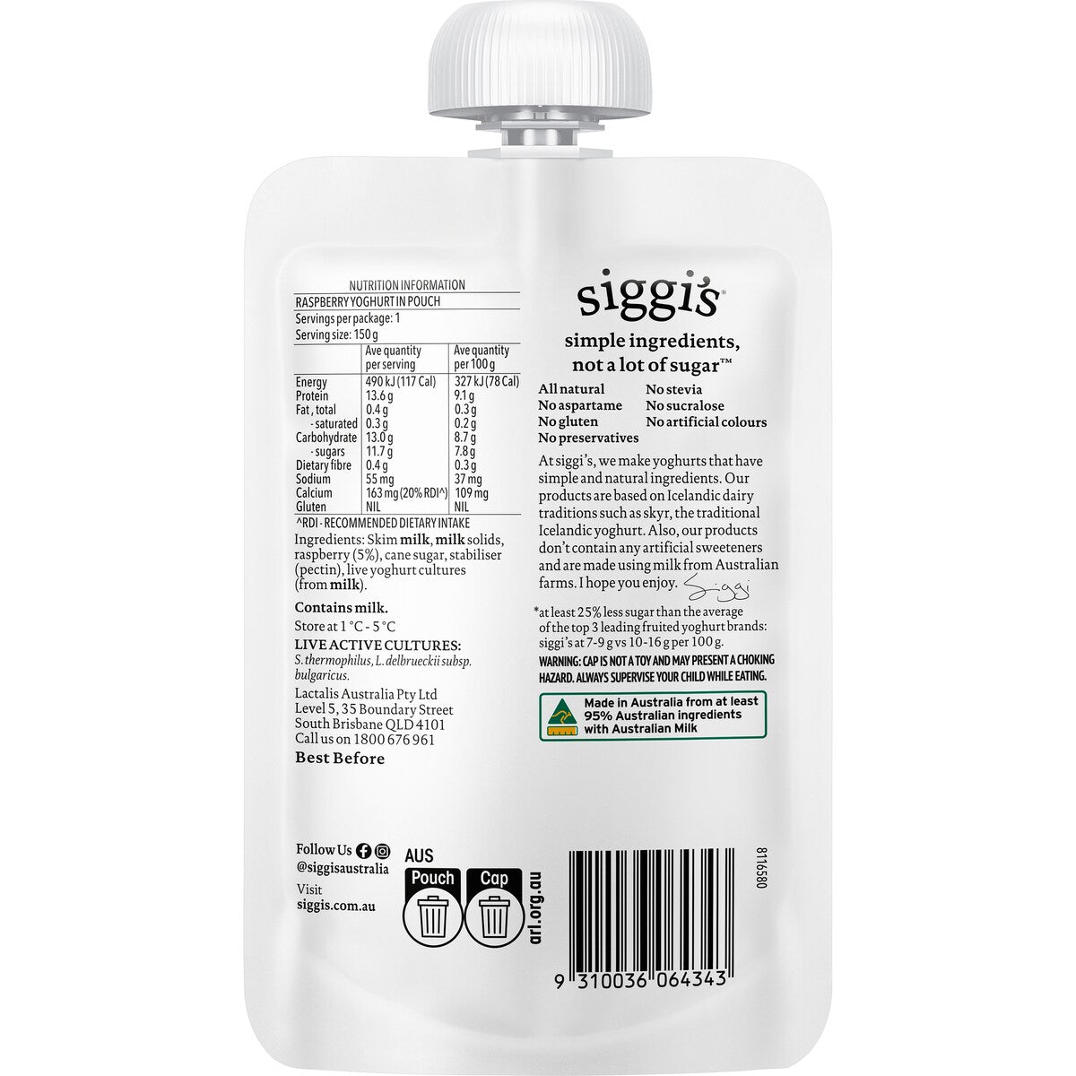 Siggi's Yoghurt Pouch Raspberry 150g