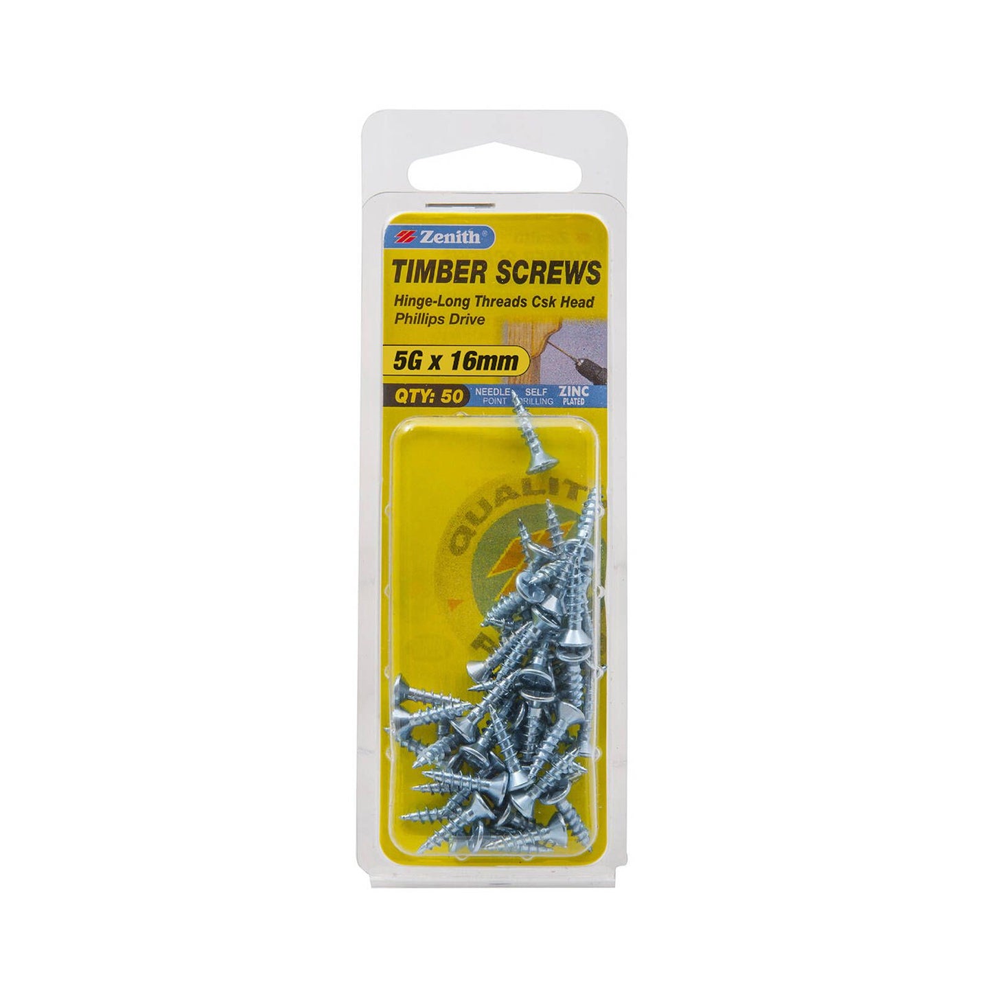 Zenith Hinge Long Thread Screw - 5g x 16mm - Zinc - 50 Pack