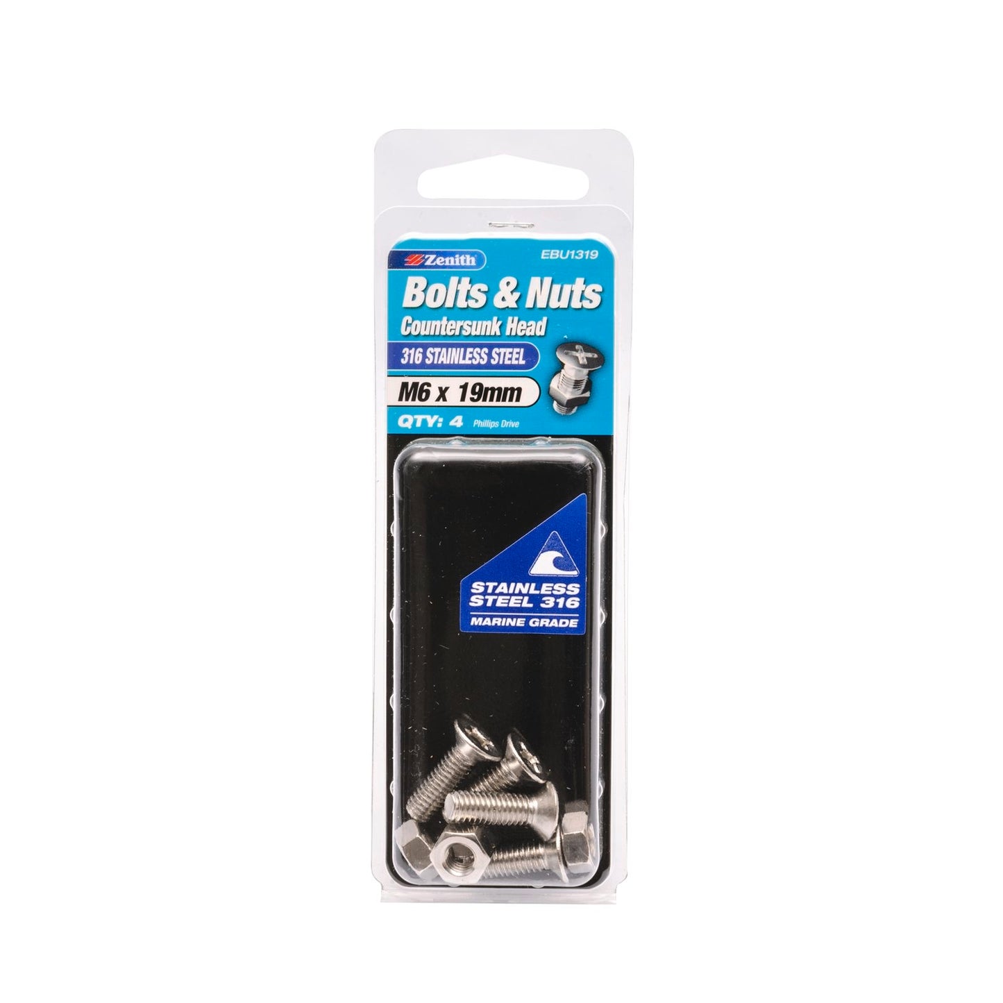 Zenith Countersunk Head Bolt - M6 x 19mm - Stainless Steel - 4 Pack