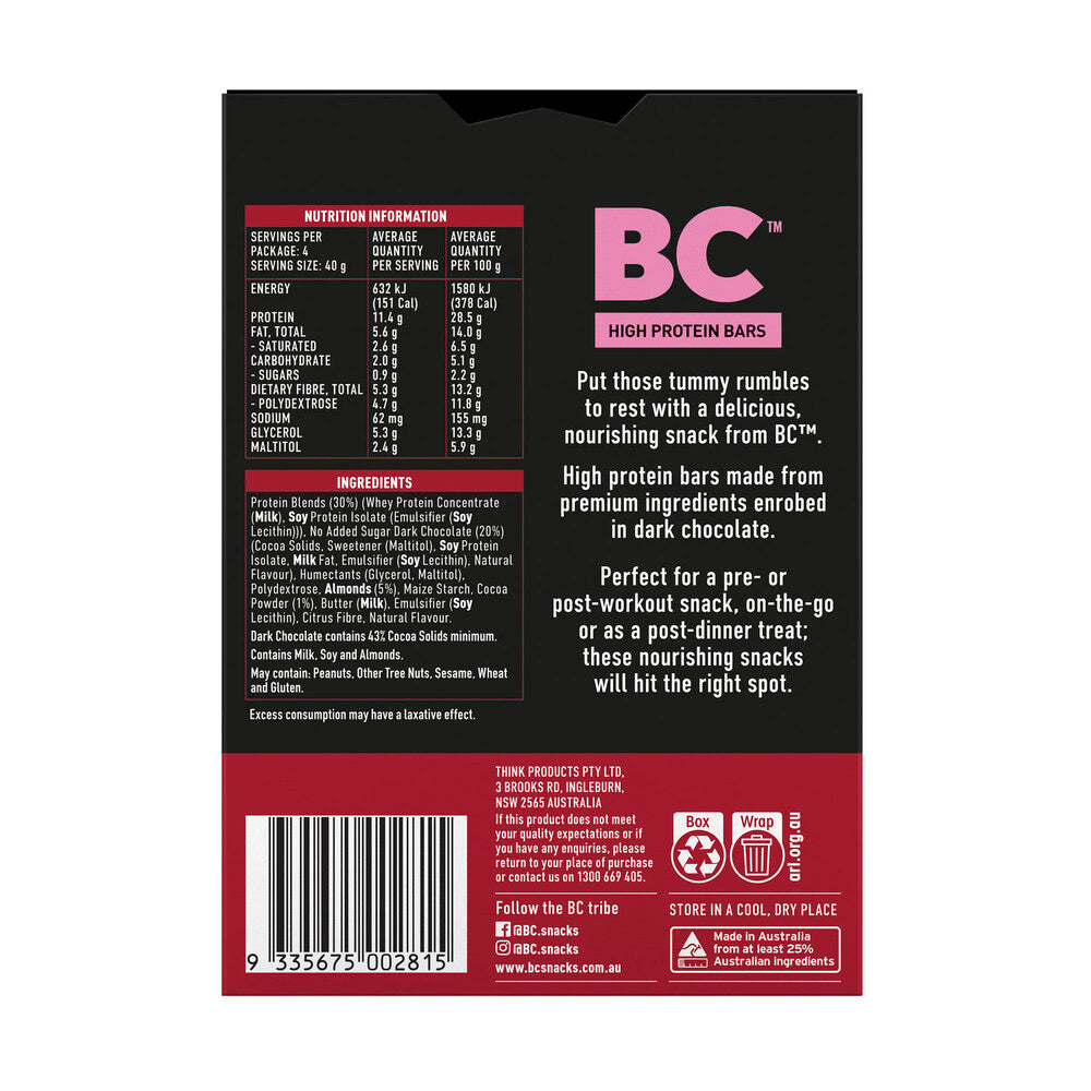 BC Dark Chocolate Almond High Protein Bar 4 Pack - 160g