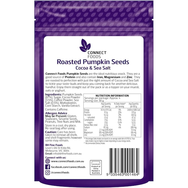Connect Foods Pumpkin Seeds Cocoa & Sea Salt 125g