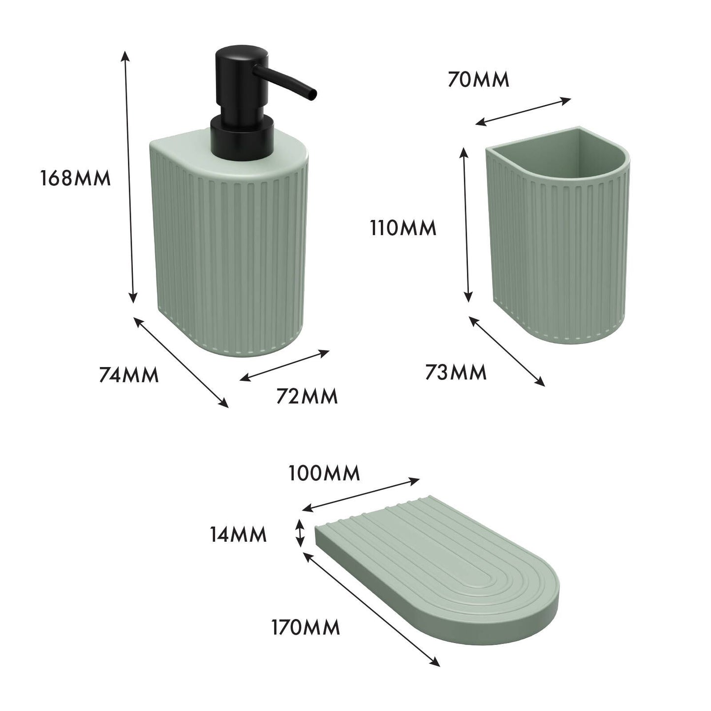Astin Sinclair Celadon Ribbed 3 Piece Bathroom Set - 74 x 168mm