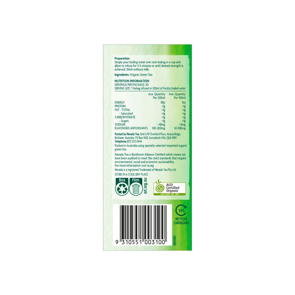 Nerada Organics Pure Green Tea Bags 50 Pack - 75g